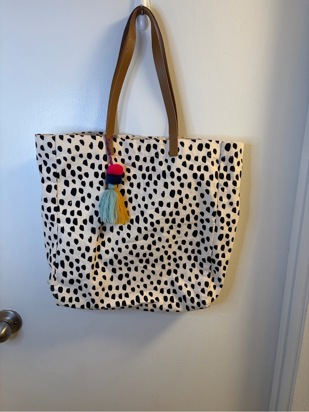 Black and White Dalmatian Spot Canvas Tote Bag with Tassel Accent